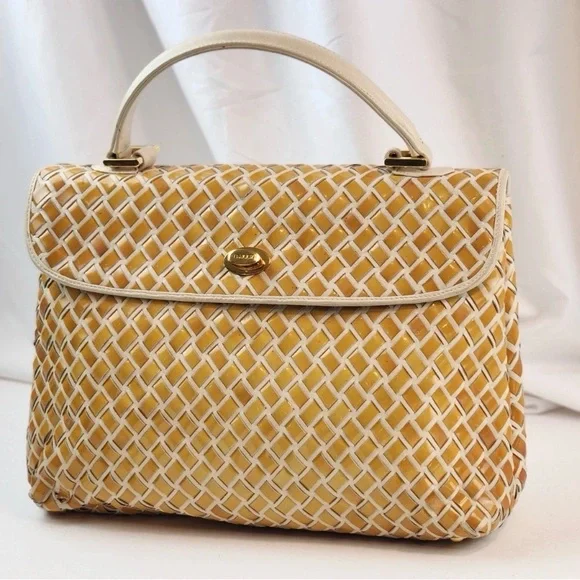 Bally Hand Bag Top Handle Braided Leather Purse Turn Lock Cream and Yellow - Picture 2 of 14